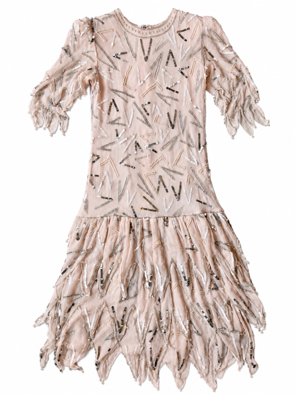 Vintage Lillie Rubin Blush Hand-beaded Fringe Dress 100% Silk